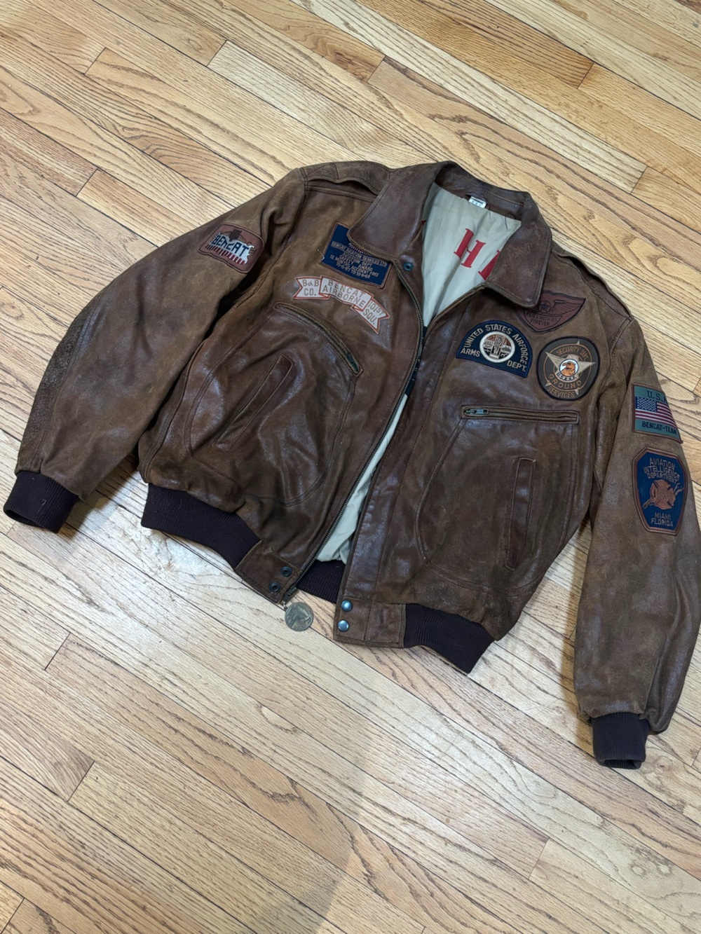 VTG 1970s Bencat Aviation Leather Flight Bomber Jacket Fly High Ford Aerospace L